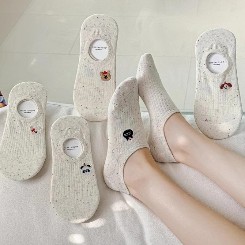 Charming Cartoon Animal Embroidered No-Show Socks for Women – Thin, Non-Slip, Everyday Comfort