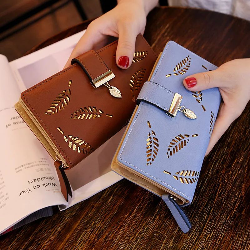 Elegant PU Leather Long Wallet with Gold Hollow Leaves Detail and Multiple Card Slots