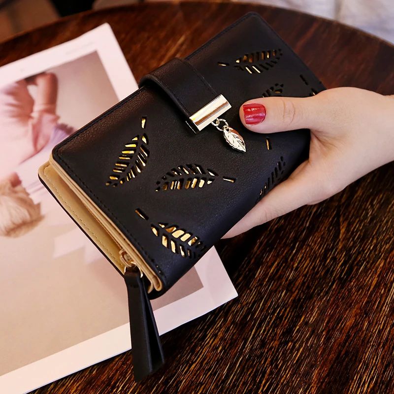 Elegant PU Leather Long Wallet with Gold Hollow Leaves Detail and Multiple Card Slots alternate