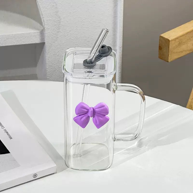 Elegant Square Glass Water Bottle with Ergonomic Handle & Reusable Straw – Perfect for Desk or On-the-Go Hydration
