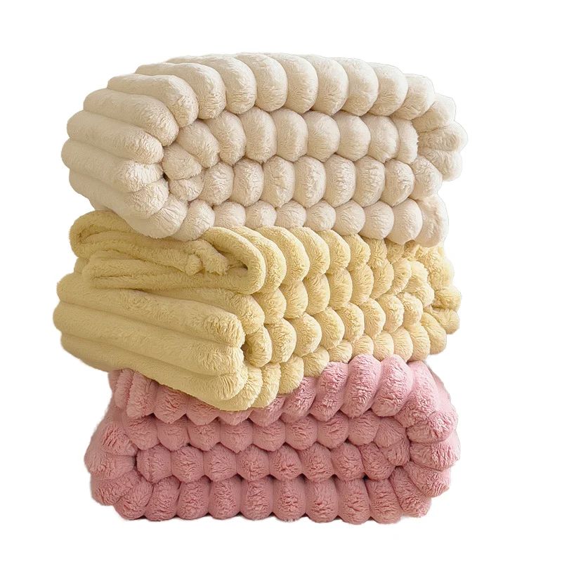 Luxurious Bubble Fleece Faux Rabbit Fur Throw Blanket – Ultra-Soft Solid Color Flannel for Cozy Comfort - Image 1