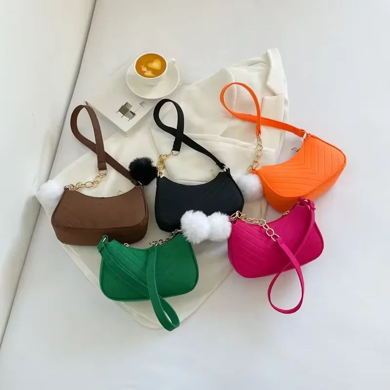 Chic Felt Crescent Shoulder Bag with Optional Pompom Charm — Versatile Everyday Handbag