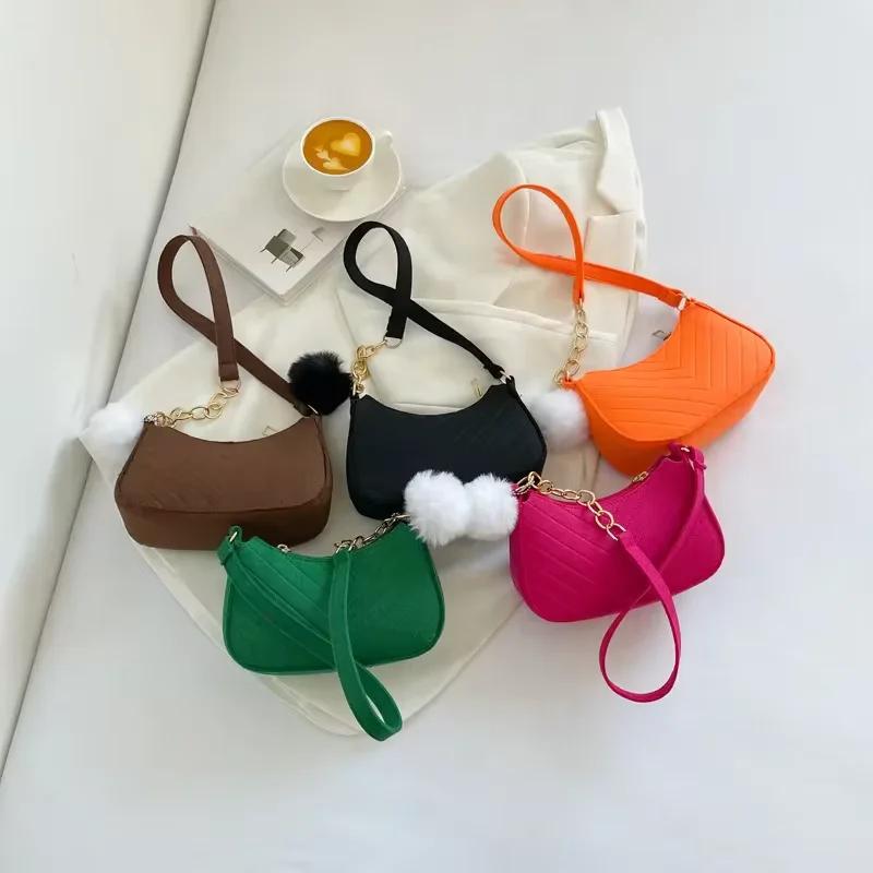 Chic Felt Crescent Shoulder Bag with Optional Pompom Charm — Versatile Everyday Handbag