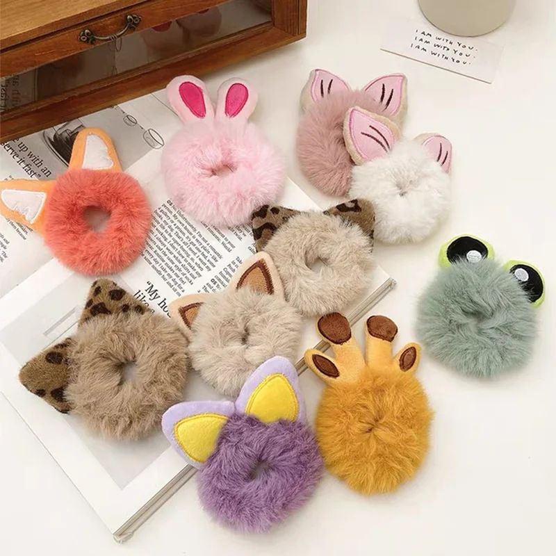 Charming Plush Animal Ear Scrunchies – Soft Elastic Hair Ties for Girls & Women alternate