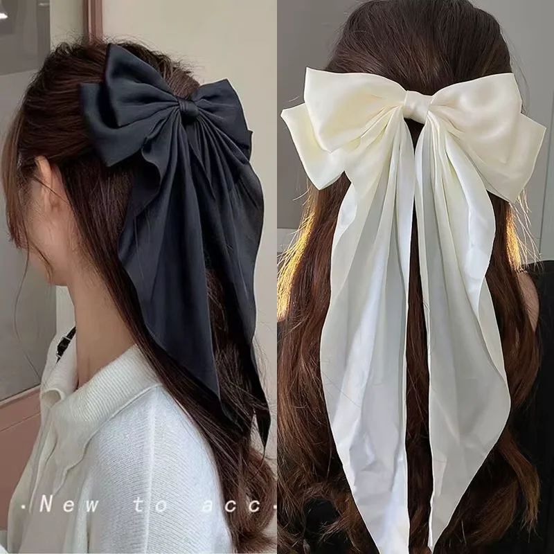 Elegant Chiffon Bow Hair Clip with Long Tails for Women – Solid Color Ponytail Accessory