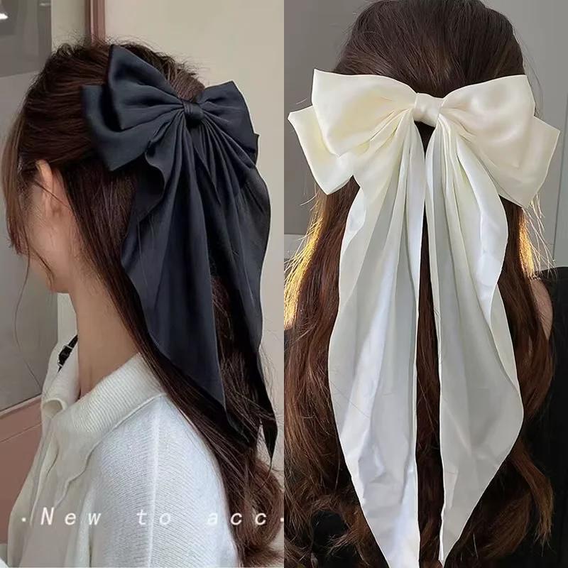 Elegant Chiffon Bow Hair Clip with Long Tails for Women – Solid Color Ponytail Accessory