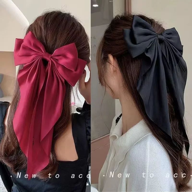 Elegant Chiffon Bow Hair Clip with Long Tails for Women – Solid Color Ponytail Accessory alternate