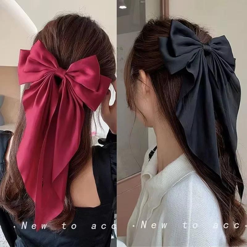 Elegant Chiffon Bow Hair Clip with Long Tails for Women – Solid Color Ponytail Accessory alternate