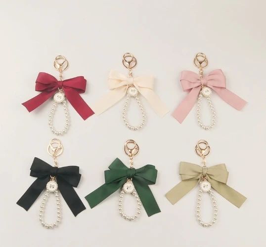 Elegant Fabric Bow & Faux Pearl Dangle Keychain for Bags, Keys & Accessories - Image 1