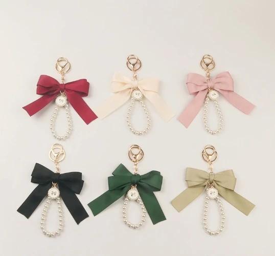Elegant Fabric Bow & Faux Pearl Dangle Keychain for Bags, Keys & Accessories