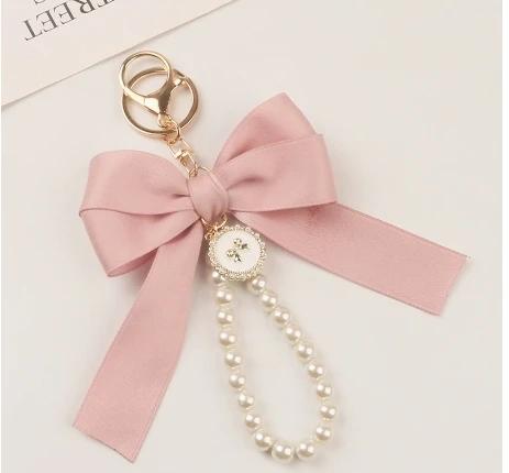 Elegant Fabric Bow & Faux Pearl Dangle Keychain for Bags, Keys & Accessories - Image 3