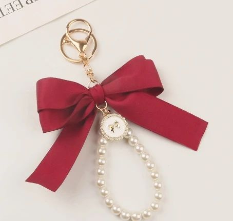 Elegant Fabric Bow & Faux Pearl Dangle Keychain for Bags, Keys & Accessories - Image 4